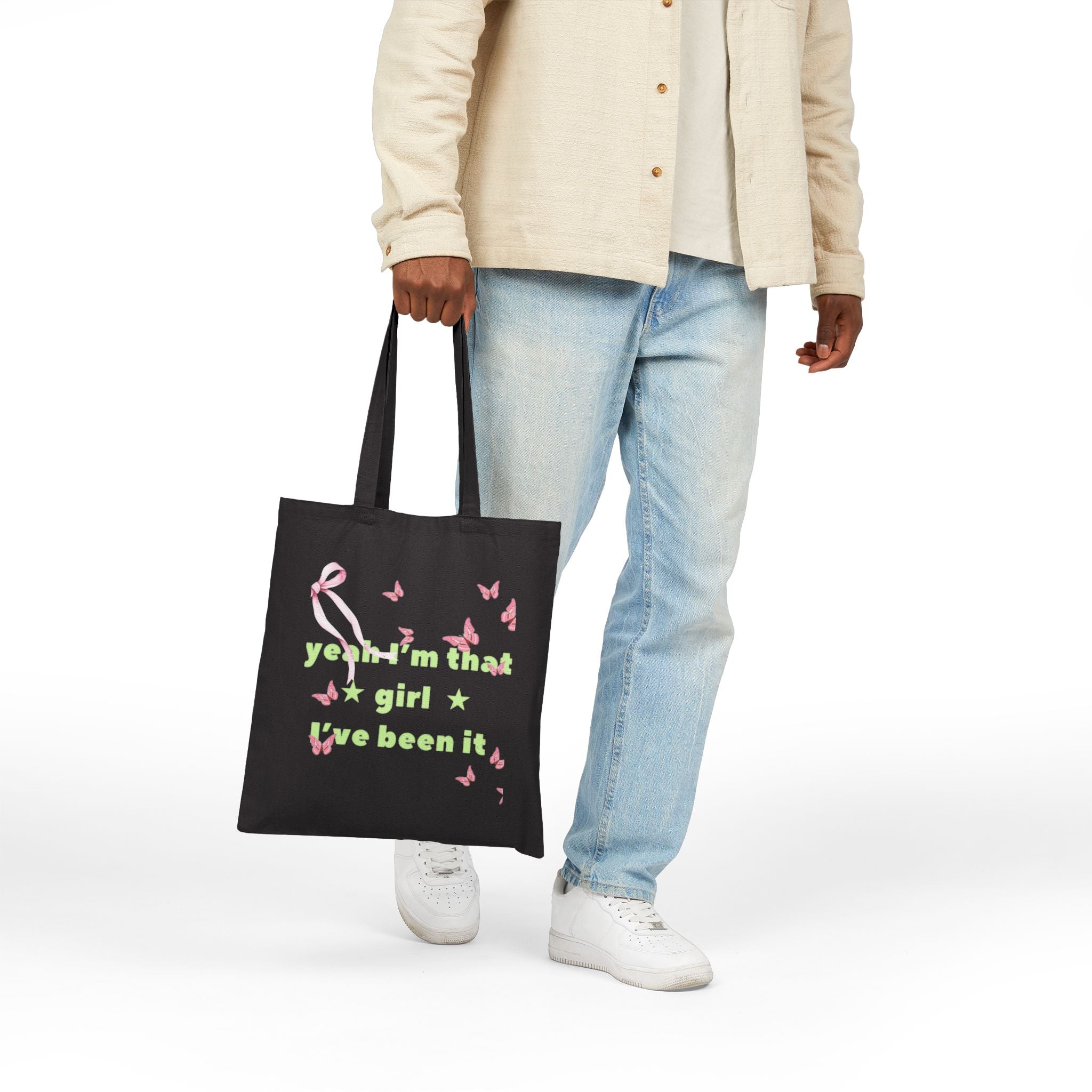 Canvas Tote Bag — “yeah i’m that girl we been it” Floral Butterfly Eco Shopper